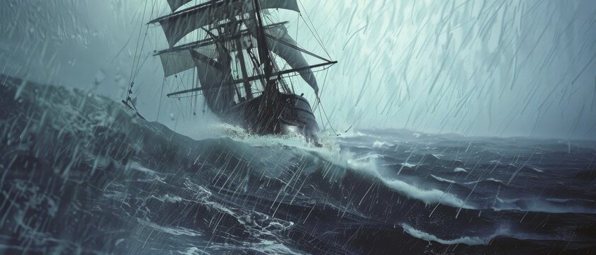 A majestic old ship battles stormy seas, its sails catching fierce winds and rain, embodying resilience amidst nature's fury.