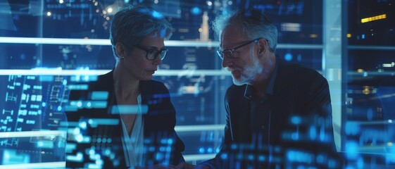 A modern office setting with two professionals in deep discussion against a backdrop of digital holographic projections, evoking a futuristic ambiance.