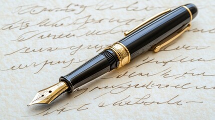 Fototapeta premium Fountain pen on top of handwritten letters written in cursive font. Vintage manuscript background