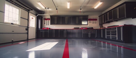 An impeccably clean and organized workshop with sleek, black cabinetry and bright overhead lighting, exuding a sense of precision and professionalism.