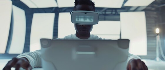 A man is deeply engaged with a virtual reality application, using a VR headset and a tablet in a modern, high-tech, and minimalistic space.