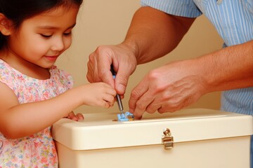 Hands of a parent and child work together to attach components to a small project, showcasing teamwork and connection