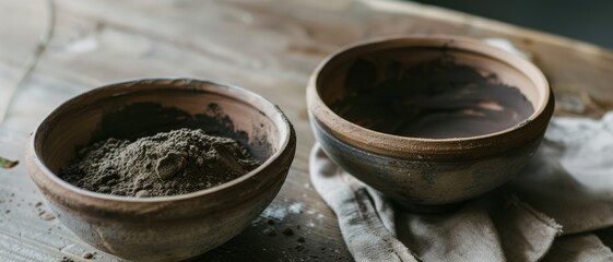 Two rustic wooden bowls filled with earthy, ground material, placed on a wooden table with a textured cloth nearby, evoking a sense of rustic charm and craftsmanship.