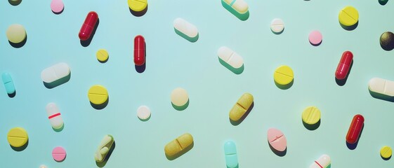 Various pharmaceutical pills and capsules in an array of colors on a gradient pastel background, creating a visually appealing assortment.