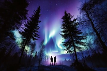 two people silhouetted under northern lights in a forest