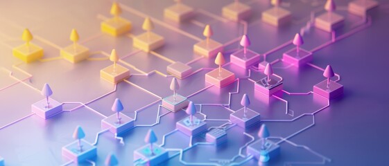 Stylized representation of a digital network, with pastel-colored nodes and connections, symbolizing interconnectedness and technology.