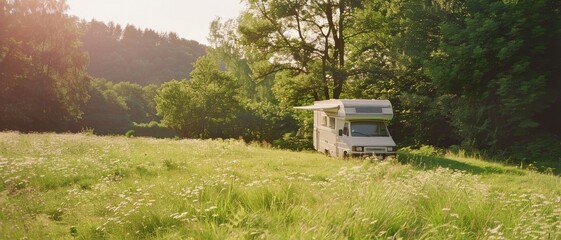 A cozy camper van is nestled in a sunlit, lush meadow surrounded by verdant trees, capturing the essence of peaceful outdoor living.
