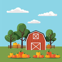 Fall Illustration Templates with Barn and Pumpkins