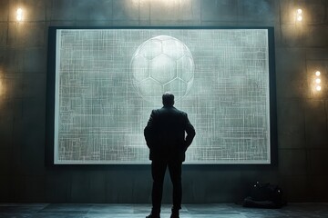 In a dimly lit room, a soccer coach stands before a large digital board, intensely focused on the tactical layout of a soccer game. He analyzes plays and strategies to enhance team performance.