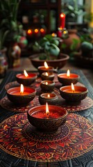 A mandala pattern composed of red and orange lights, with five oil lamps placed in the center surrounded