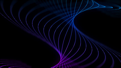 Abstract twisted wave with blue light on black background. Science background with moving lines and dots. Network connection technology. Digital structure with particles. 3d rendering.