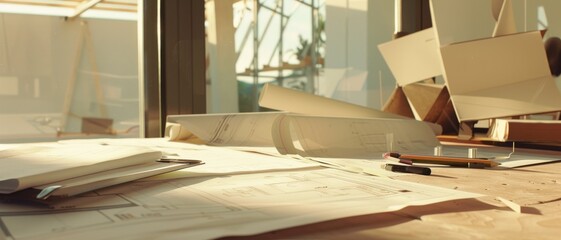 Sunlight fills an architect's workbench covered with plans, models, and pencils, illustrating the meticulous and creative process of architectural design.