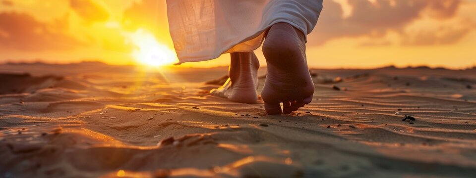 Person Jesus Walking Barefoot on Sand at Sunset in the Desert.