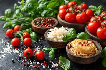 Fresh Italian Ingredients Featuring Tomatoes, Basil, Cheese, and Spaghetti for Authentic Cuisine Recipes