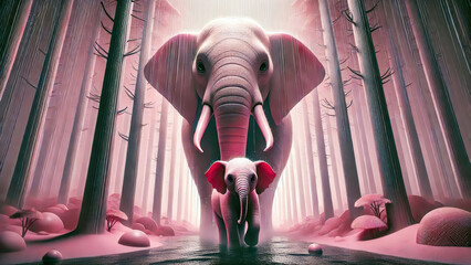 Naklejka premium A large elephant and its calf walk through a surreal pink forest, reflecting in a calm stream. Soft lighting creates a peaceful, dreamlike atmosphere.