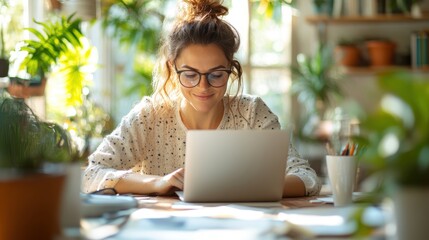 A content woman with eyeglasses works attentively on her laptop in a sunny room filled with houseplants, emphasizing focus, peace, and a harmonious workspace.