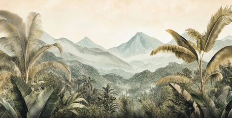 Watercolor painting of a green jungle landscape in retro or vintage style. Watercolor wallpaper pattern. Lush, green rainforest background.