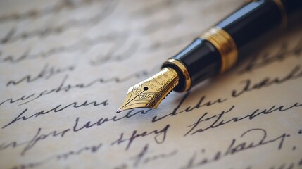 Fototapeta premium Timeless classic fountain pen resting atop a background adorned with elegant handwritten text