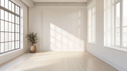 Obraz premium Empty Modern Room with Sunlight and a Plant