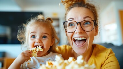 Naklejka premium A mother and daughter joyfully enjoy a big bowl of popcorn, their faces lit up with excitement, capturing a fun and loving moment in their cozy living room.