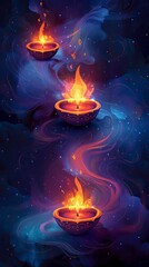 Fototapeta premium Diwali lamps hanging in a row on a purple background, vector illustration with copy space for text design
