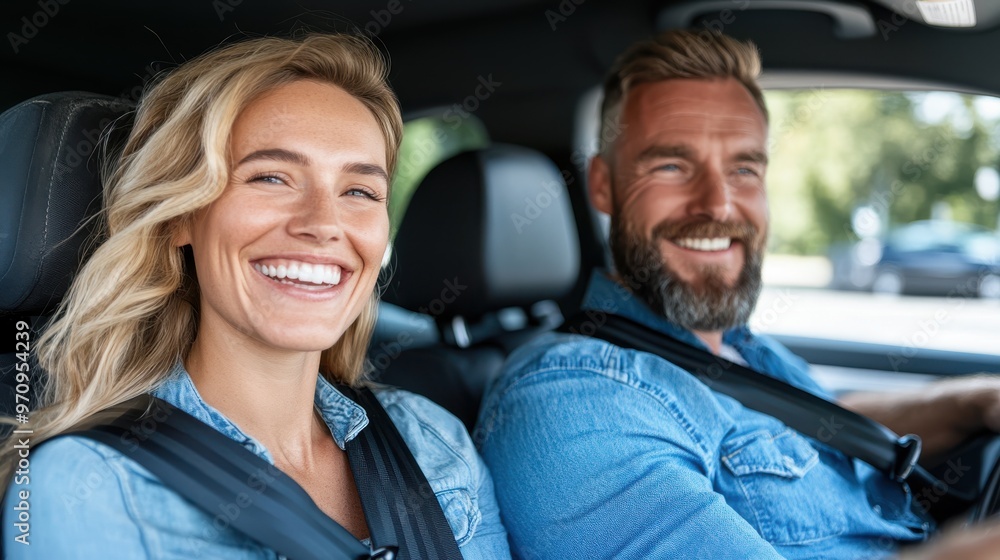 Wall mural a cheerful couple rides in a car with seat belts on, visibly enjoying their company, radiating happi