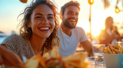A joyful couple relishes a meal on a sunny outdoor patio, capturing the essence of togetherness, laughter, and a vibrant social scene in a perfect dining ambiance.