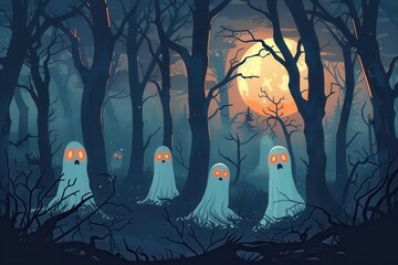 Spooky trees with ghostly figures, haunted forest, flat design illustration.