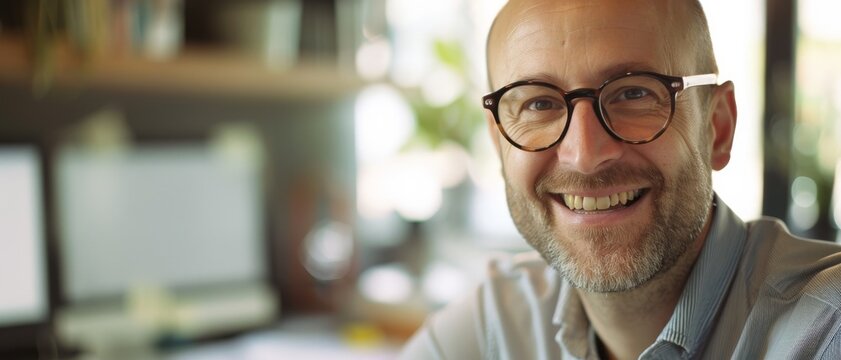 Cheerful person with glasses in a cozy work environment, smiling warmly at the camera with a backdrop of books and greenery.