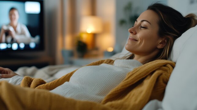 A person lying in bed covered with a warm yellow blanket, watching TV in a cozy indoor setting with soft, ambient lighting in the background, creating a tranquil atmosphere.