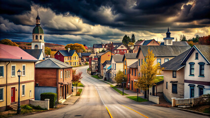 Naklejka premium A vibrant village street in autumn, with colorful homes and a church steeple standing out against a stormy sky, reflecting a picturesque rural charm