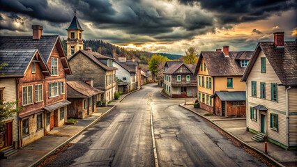 Obraz premium A picturesque view of an old town street with traditional houses under a dramatic sky, emphasizing a tranquil, almost timeless atmosphere