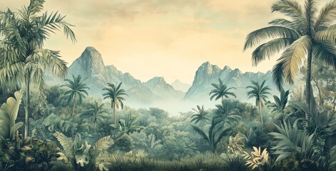 Watercolor painting of a green jungle landscape in retro or vintage style. Watercolor wallpaper pattern. Lush, green rainforest background.