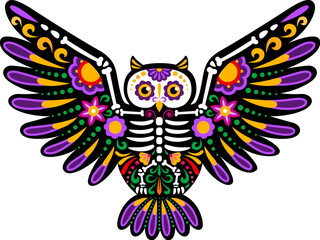 Day of the dead Mexican owl bird animal skeleton tattoo. Vector vibrant owl sugar skull with outstretched wings, intricate patterns and vivid colors symbolizing remembrance and cycle of life and death