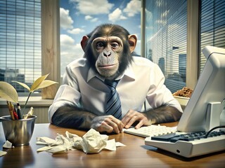 A curious monkey sitting at a desk, typing away on a keyboard with fingers flying, surrounded by scattered papers and office supplies in disarray.