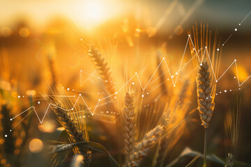 The image captures a vibrant wheat field bathed in the warm glow of a sunset, overlaid with digital graphs depicting data trends, highlighting the intersection of nature and technology