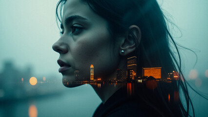 Fototapeta premium Double exposure portrait: young woman's face against the backdrop of a modern city.