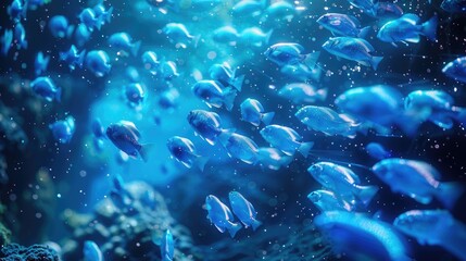 Captivating underwater view of a vibrant school of tropical fish swimming gracefully through an enchanting coral reef ecosystem  The serene