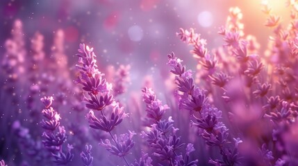 Magical lavender field with soft focus and dreamy light in spring season  Beautiful romantic and feminine floral background with delicate purple and pink blooming flowers in a lush