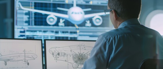 A professional in a control room studies detailed technical blueprints and a 3D model of an airplane on multiple monitors, showcasing precision and focus.