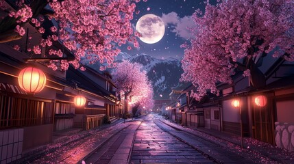 A beautiful Japanese town at full moon at night. Anime comic artstyle. Cozy lofi asian architecture. Lonely road with a blooming cherry tree. 
