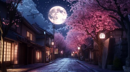 Fototapeta premium A beautiful Japanese town at full moon at night. Anime comic artstyle. Cozy lofi asian architecture. Lonely road with a blooming cherry tree. 