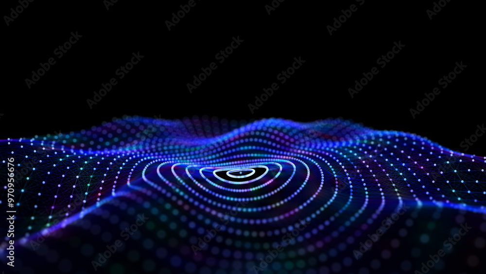 Poster Abstract circle wave with blue light on black background. Science background with moving dots and lines. Network connection technology. Digital structure with particles. 3d rendering.