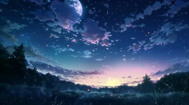 Enchanting fantasy forest during an evening with a glowing sunset sky, creating a magical atmosphere.
 Seamless looping 4k time-lapse virtual video animation Generated AI