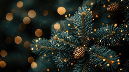 Blurred lights shining amongst tree branches in the background