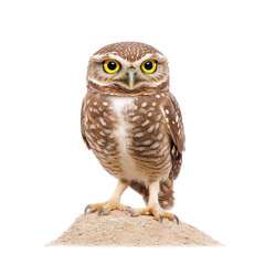 A majestic owl stands on a sandy surface, exhibiting sharp eyes and unique spotted feathers. Perfect for wildlife enthusiasts.