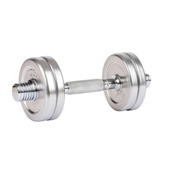 A metallic dumbbell, ideal for weight training and fitness sessions, showcasing strength and durability for gym enthusiasts.
