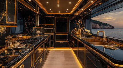 Fototapeta premium Luxury Yacht Kitchen with Ocean View