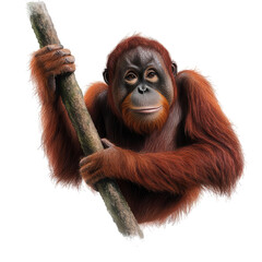 Fototapeta premium A playful orangutan clinging to a branch, showcasing its expressive face and vibrant fur in a natural setting.