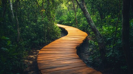 A Winding Wooden Path Through Lush Green Foliage